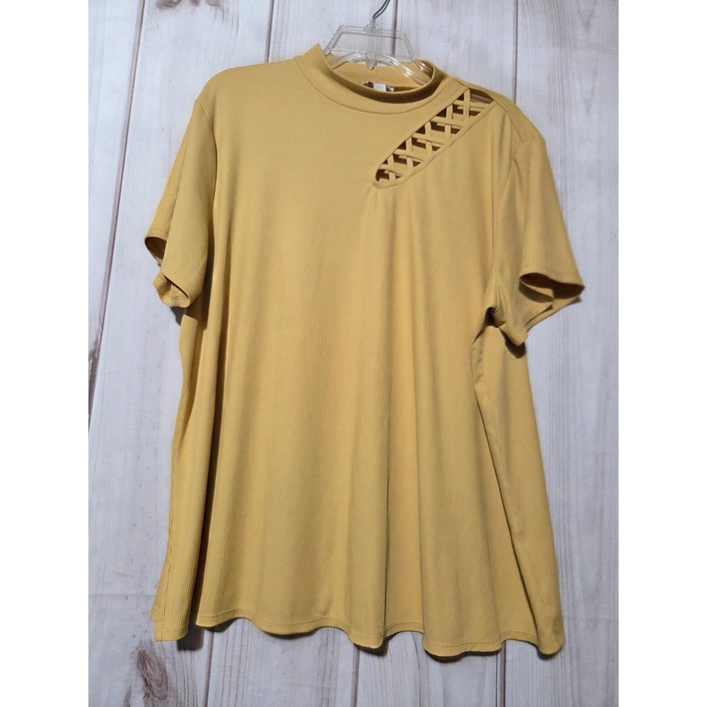 Cato Womens Mustard Yellow Ribbed Mock Neck Lattice Cutout Top Size 18/20W